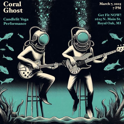 Advertisement for live music featuring two figures wearing vintage diving helmets and holding guitars with fish in the background and coral reef plants below the stools they are sitting on.