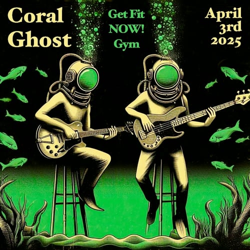 Advertisement for live music featuring two figures wearing vintage diving helmets and holding guitars with fish in the background and coral reef plants below the stools they are sitting on.