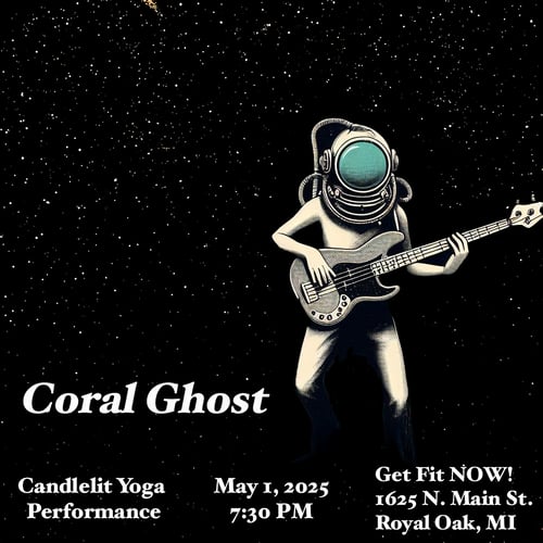 Live music flyer with a starry background featuring a human figure wearing a vintage diving helmet holding a bass guitar and floating in space. 