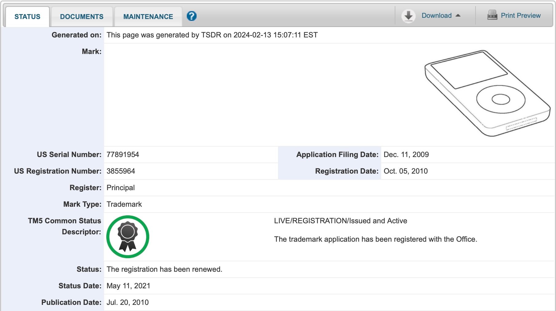 A screenshot from the United State Patent and Trademark Office website that shows U.S. Reg. No. 3855964, which is the registration for Apple's iPod trade dress.