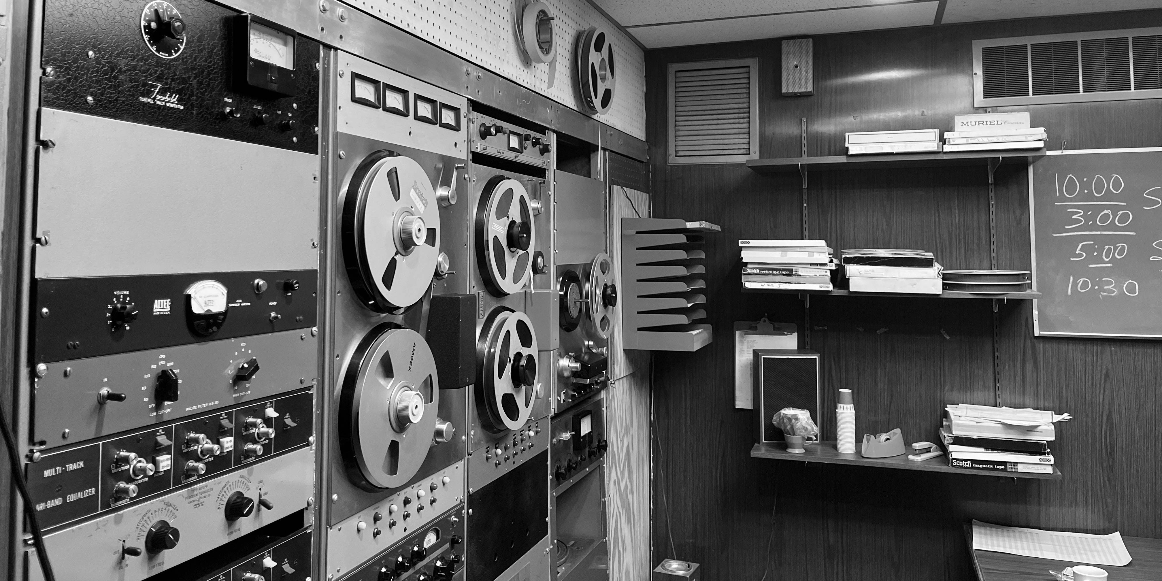 Image from the control room of Motown Studio A at Hisville USA in the Motown Museum in black and white. 