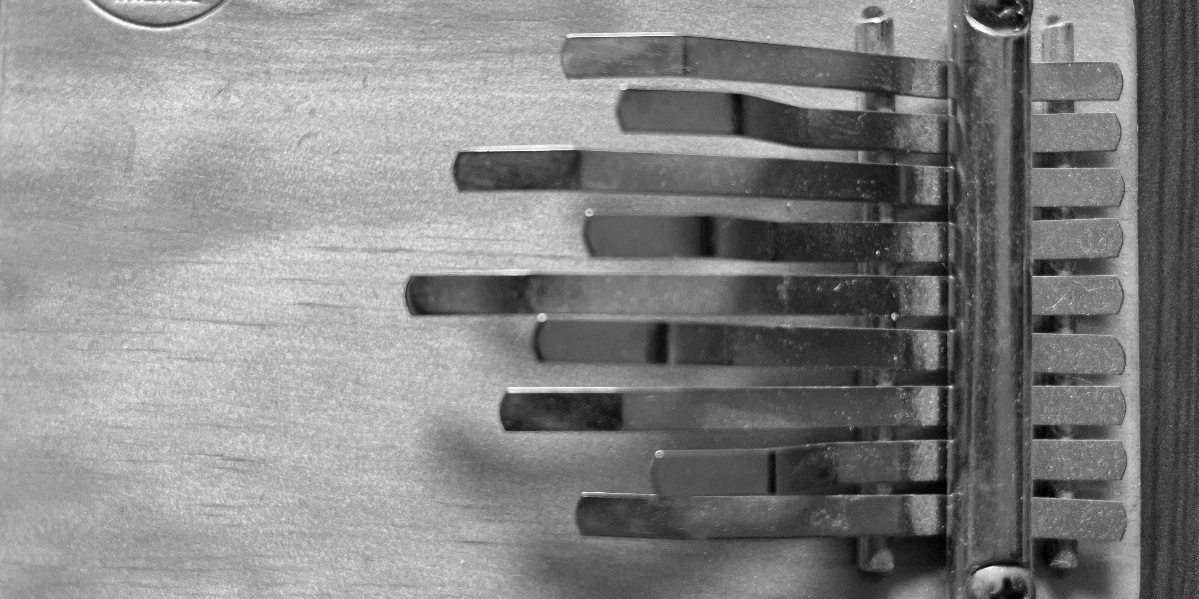 Closeup image of the keys of a kalimba pictured sideways in black and white